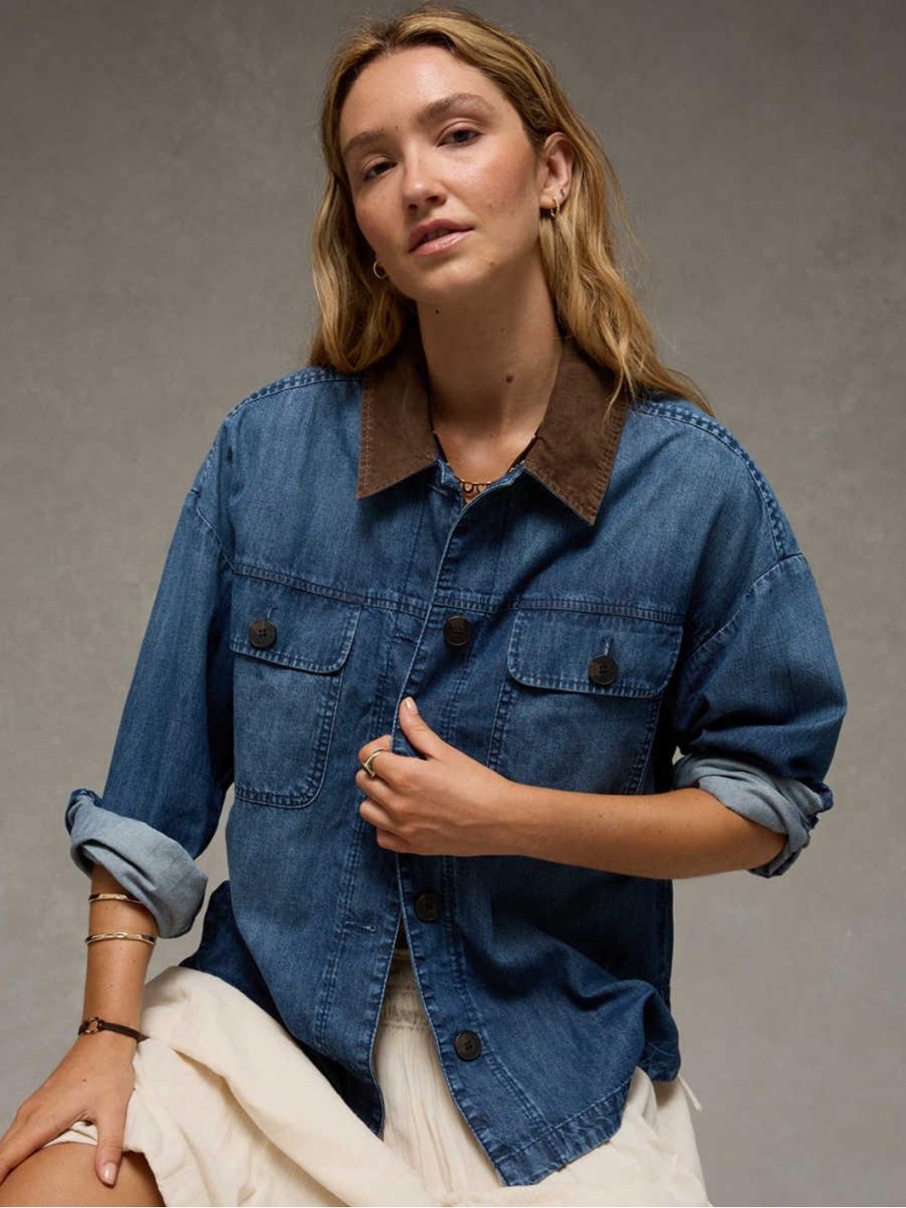 America Eagle Denim Shacket Brown Corduroy Collar